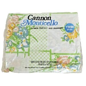 NOS New Vtg Cannon Monticello Percale Twin Fitted Sheet Floral 50/50 Cotton